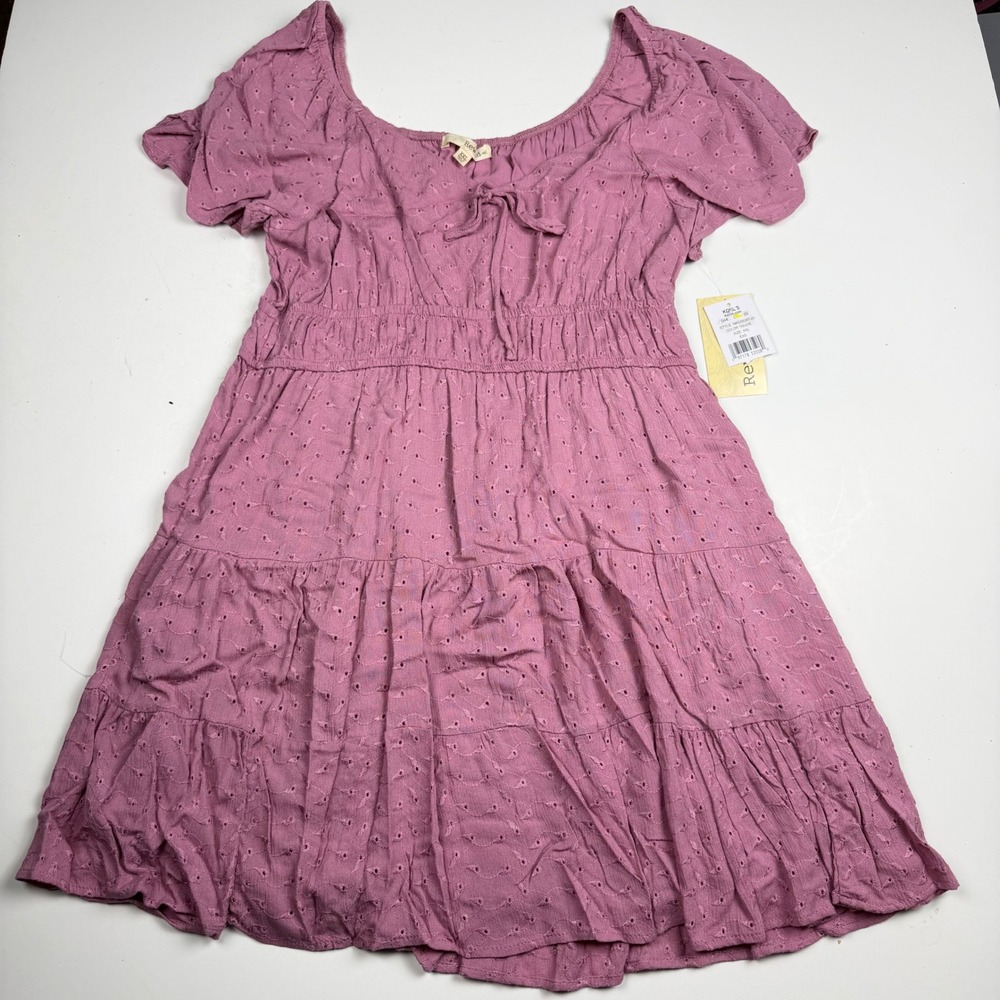 Women's Pink Boho Fairy Eyelet Dress Short Sleeve Smocked Fitted Waist XXL NWT
